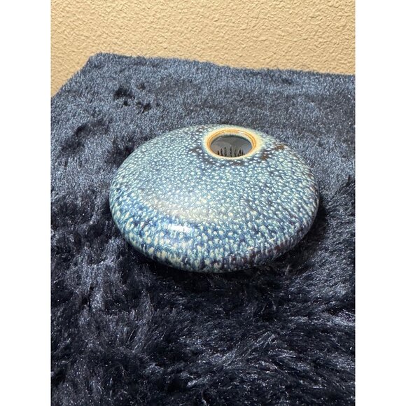 Ceramic Ikebana Vase With Blue Speckled Glaze & Built-In Needle Frog Signed - Picture 3 of 9